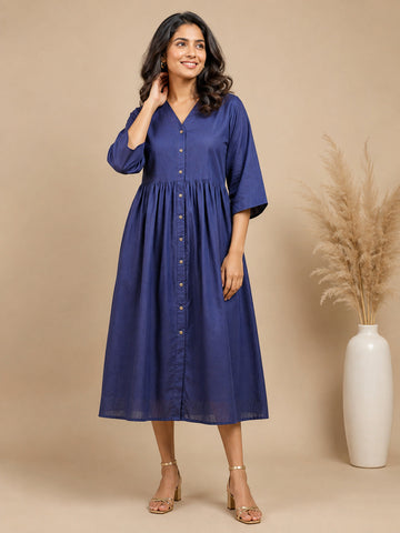 Women's Navy Blue Cotton Linen Midi Dress – Button-Front V-Neck