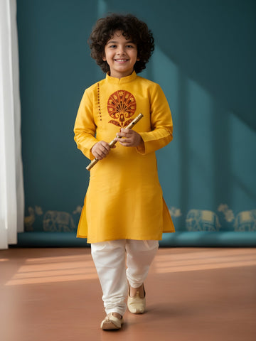 Boys' Yellow Art Silk Kurta Set – Ethnic Print