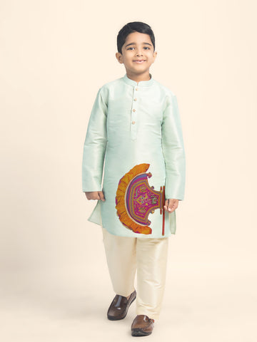 Boys' Green Dupion Silk Kurta Set – Printed