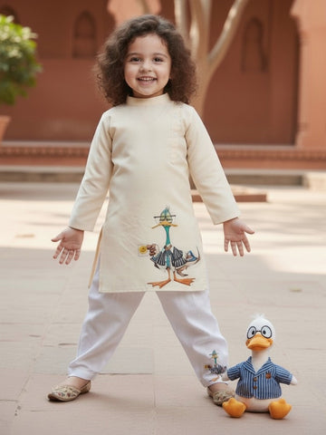Girls' Beige Cotton Kurti Set – Ethnic Print