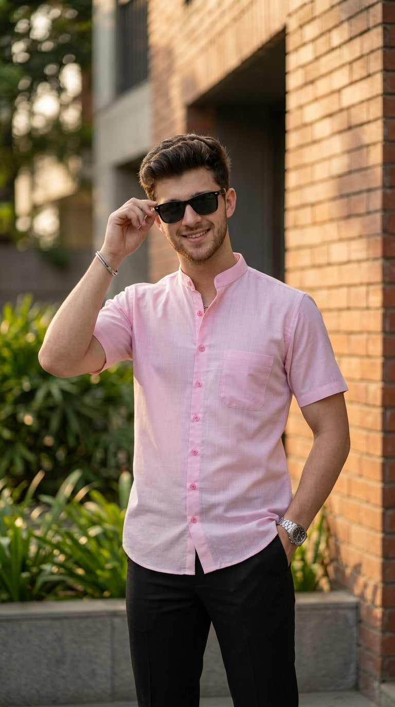 Men's Pink Cotton Shirt – Mandarin Collar