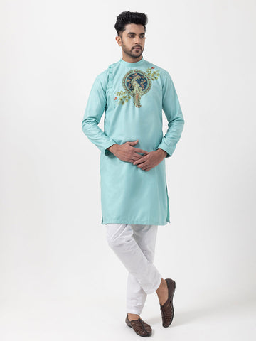 Men's Green Cotton Kurta Set – Ethnic Print & Side Placket