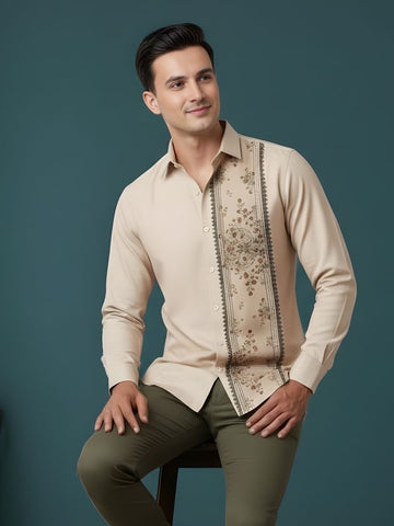 Men's Beige Cotton Shirt – Ethnic Print