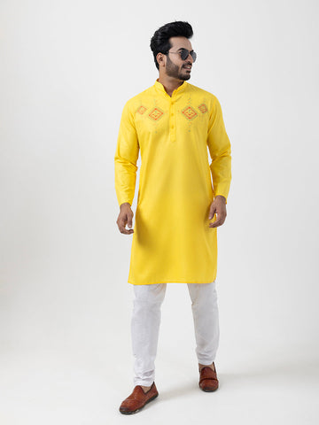Men's Yellow Cotton Kurta Set – Ethnic Print
