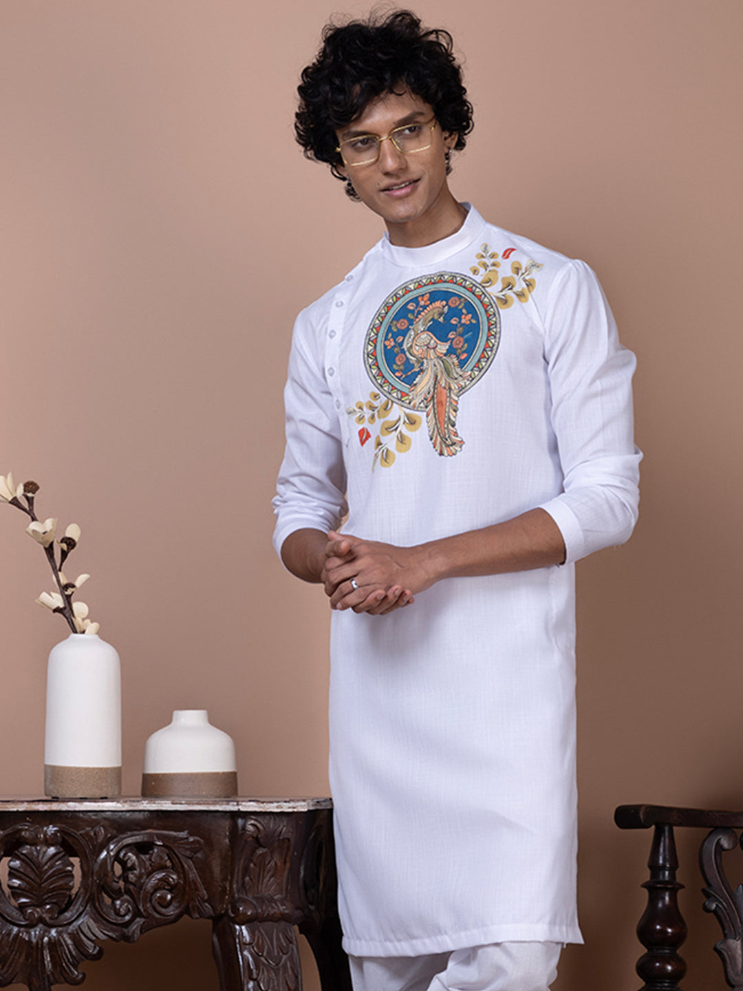 Men's White Cotton Kurta Set – Ethnic Print & Side Placket