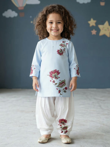 Girls' Sky Blue Cotton Kurti Set – Ethnic Print