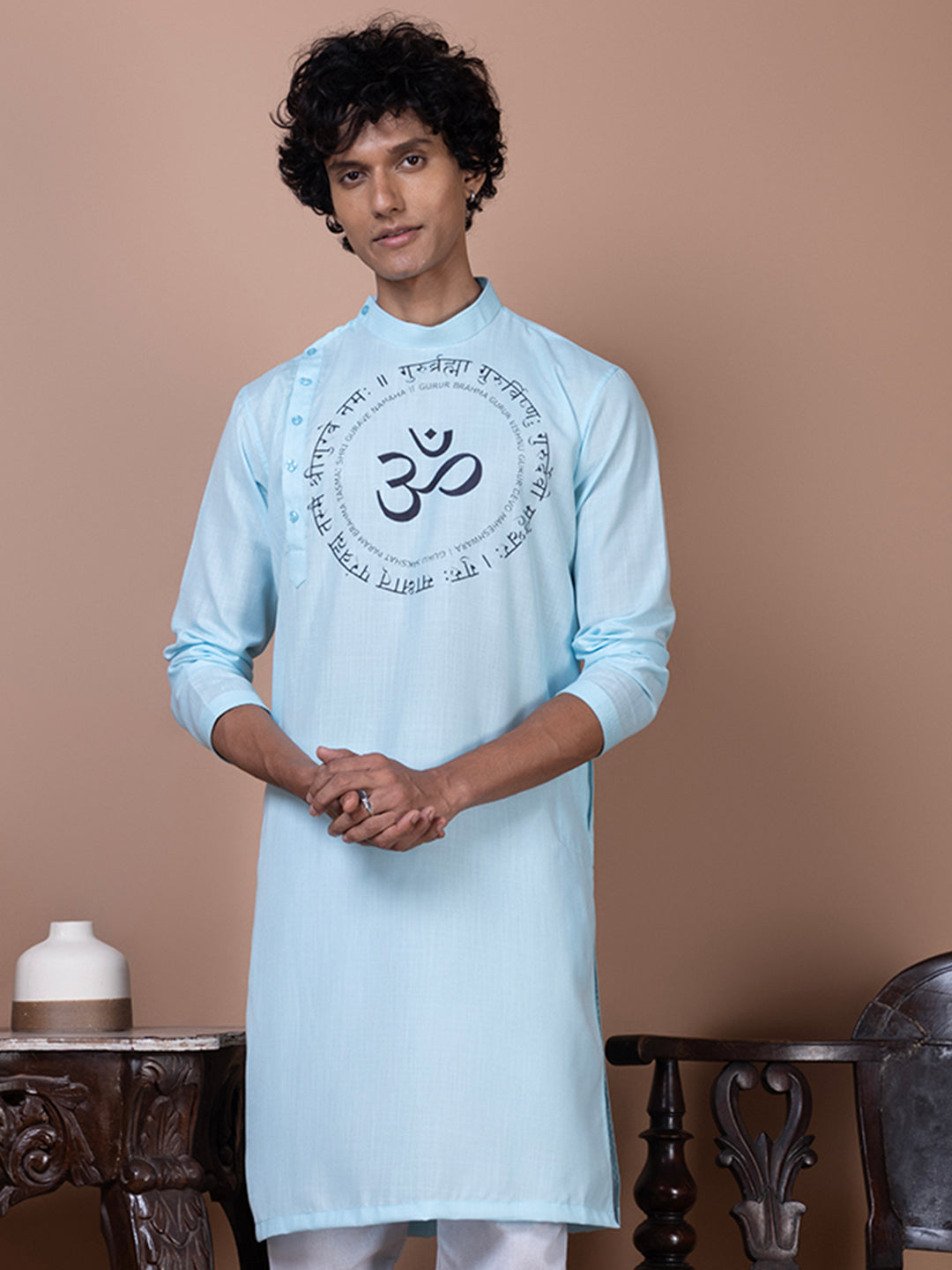 Men's Sky Blue Cotton Kurta Set – Ethnic Print & Side Placket