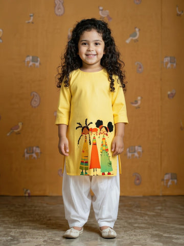 Girls' Yellow Cotton Kurti Set – Ethnic Print