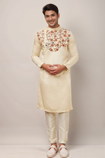 Men's Beige Cotton Kurta Set – Ethnic Print & Side Placket