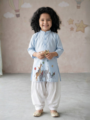 Girls' Sky Blue Cotton Kurti Set – Ethnic Print