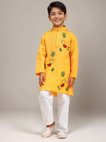 Boys' Yellow Dupion Kurta Set – Printed