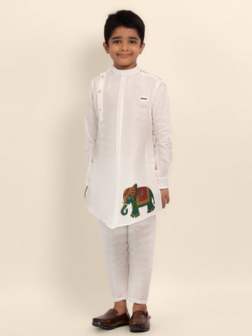 Boys' White Dupion Kurta Set – Printed