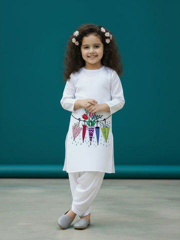 Girls' White Cotton Kurti Set – Ethnic Print