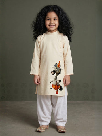 Girls' Beige Cotton Kurti Set – Ethnic Print