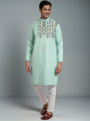 Men's Green Cotton Kurta Set – Ethnic Print & Side Placket