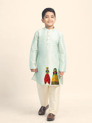 Boys' Green Dupion Silk Kurta Set – Printed