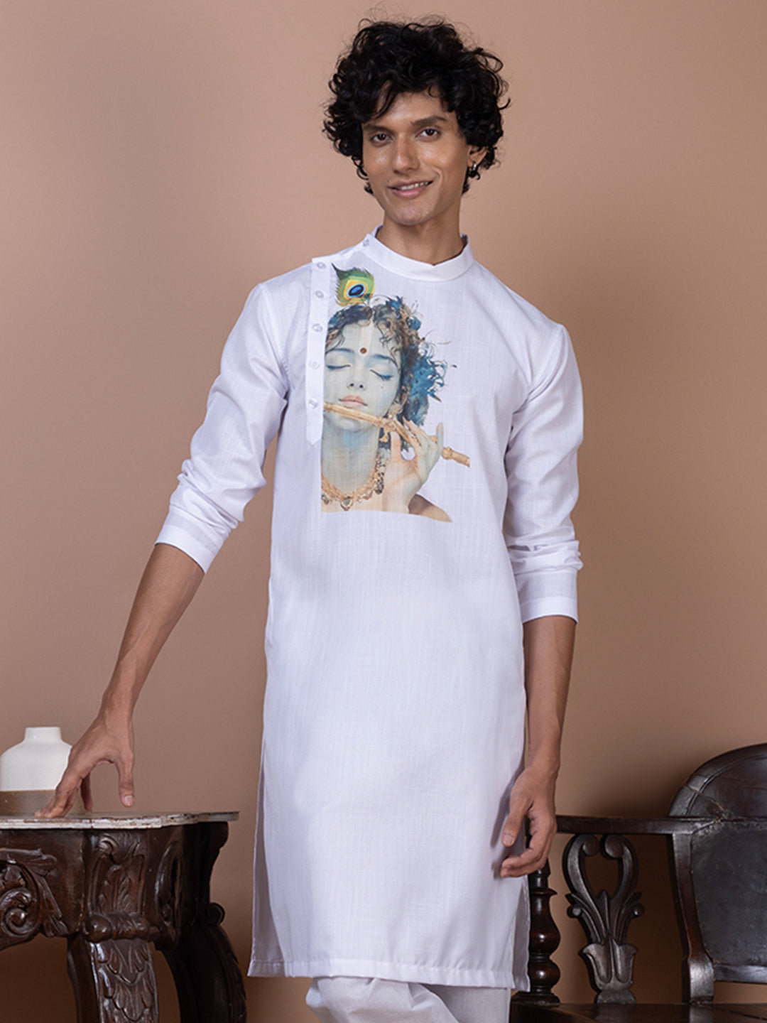Men's White Cotton Kurta Set – Lord Krishna Print & Side Placket