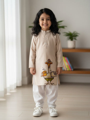 Girls' Beige Cotton Kurti Set – Ethnic Print