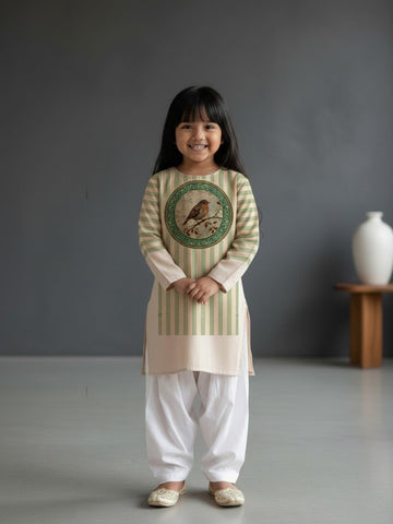 Girls' Beige Cotton Kurti Set – Ethnic Print