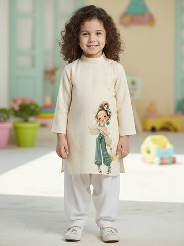 Girls' Beige Cotton Kurti Set – Ethnic Print