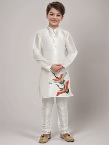 Boys' White Dupion Kurta & Pyjama Set – Printed
