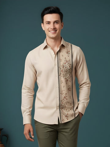 Men's Beige Cotton Shirt – Ethnic Print