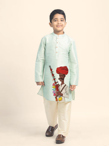 Boys' Green Dupion Silk Kurta & Beige Pyjama Set – Printed