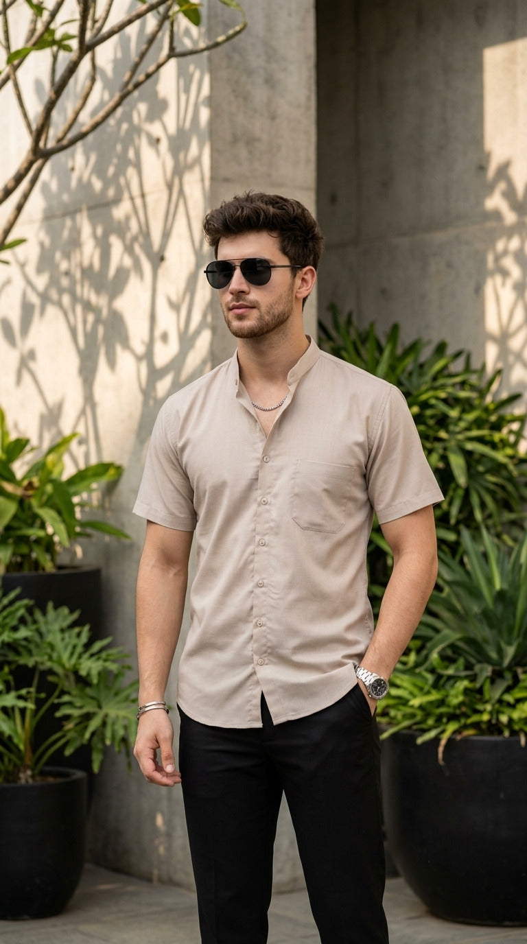 Men's Beige Cotton Shirt – Mandarin Collar