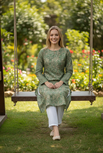 Women's Green Art Silk Kurti Set – Printed