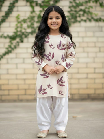 Girls' Beige Cotton Kurti Set – Ethnic Print