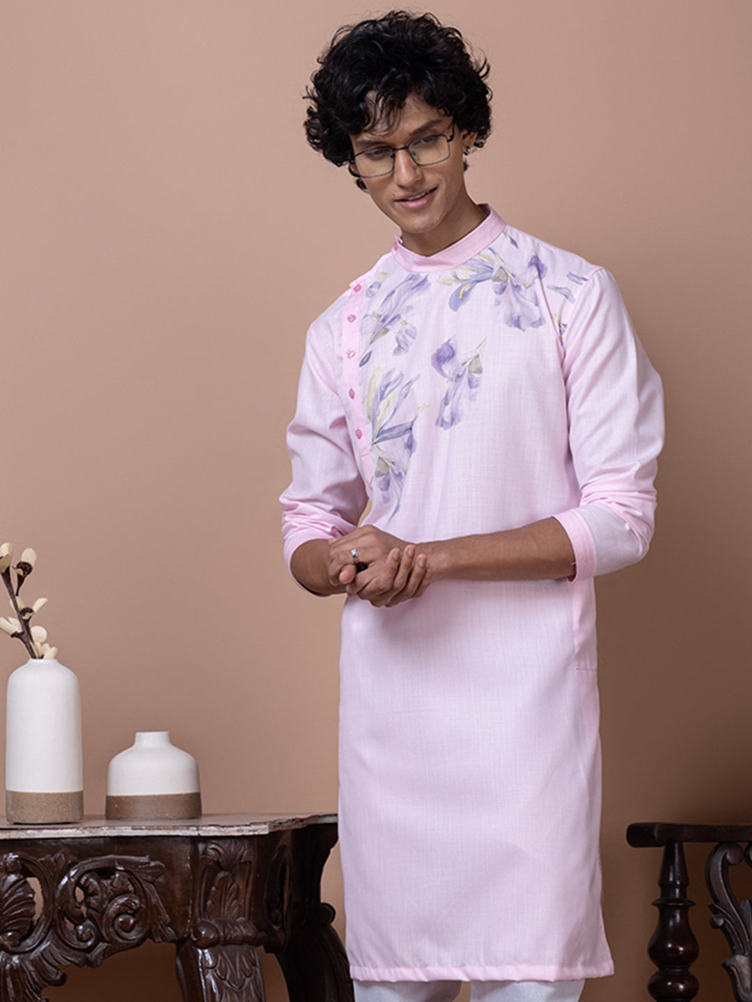 Men's Pink Cotton Kurta Set – Ethnic Print & Side Placket