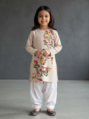 Girls' Beige Cotton Kurti Set – Ethnic Print