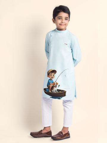 Boys' Sky Blue Cotton Kurta & Pyjama Set – Printed