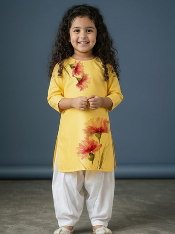 Girls' Yellow Cotton Kurti Set – Ethnic Print