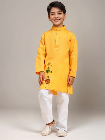 Boys' Yellow Dupion Kurta Set – Printed