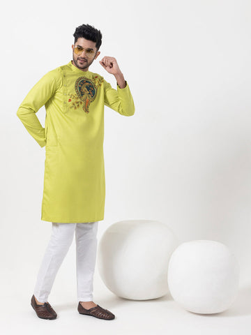 Men's Lime Green Cotton Kurta Set – Ethnic Print & Side Placket