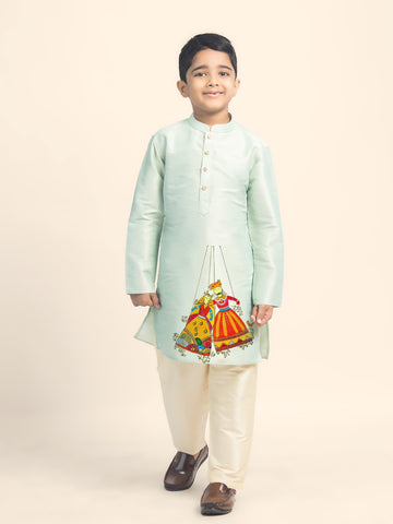 Boys' Green Dupion Silk Kurta Set – Printed