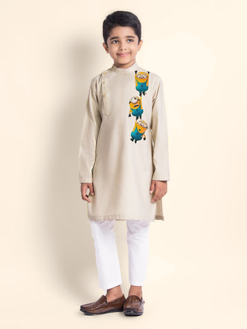 Boys' Beige Cotton Kurta Set – Printed