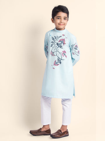 Boys' Sky Blue Cotton Kurta & Pyjama Set – Printed