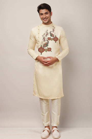 Men's Beige Cotton Kurta Set – Ethnic Print & Side Placket