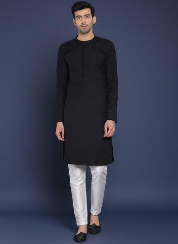 Men's Black Cotton Linen Kurta Set – Solid & Side Placket
