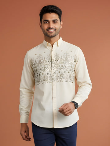 Men's Beige Cotton Shirt – Ethnic Print