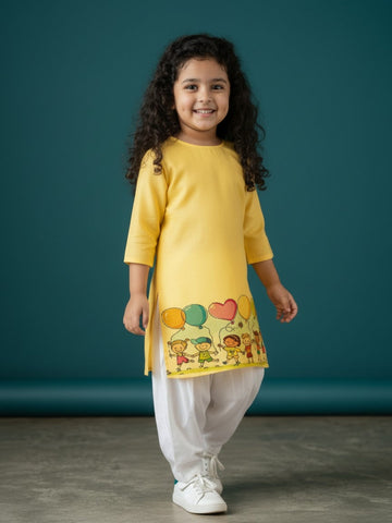 Girls' Yellow Cotton Kurti Set – Ethnic Print
