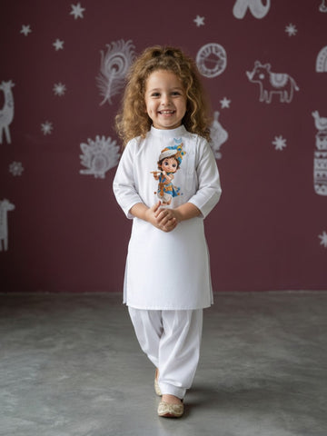Girls' White Cotton Kurti Set – Ethnic Print