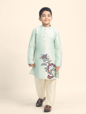 Boys' Green Dupion Silk Kurta & Beige Pyjama Set – Printed