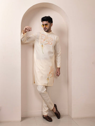 Men's Beige Cotton Kurta Set – Ethnic Print & Side Placket