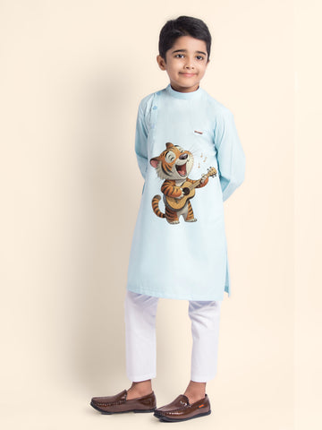 Boys' Sky Blue Cotton Kurta Set – Printed