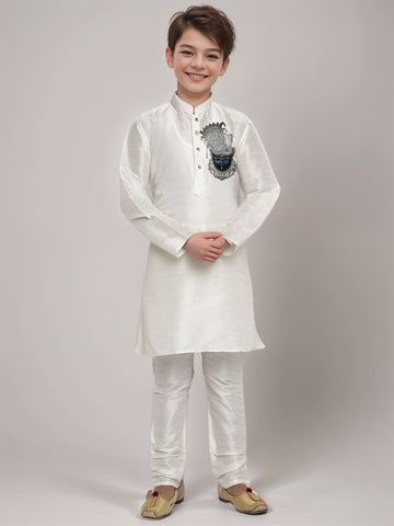 Boys' White Dupion Kurta & Pyjama Set – Printed