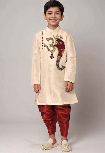 Boys' Beige Dupion Silk Kurta & Dhoti Set – Floral Print