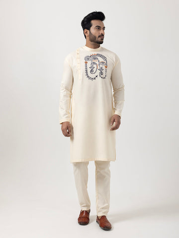Men's Beige Cotton Kurta Set – Ethnic Print & Side Placket